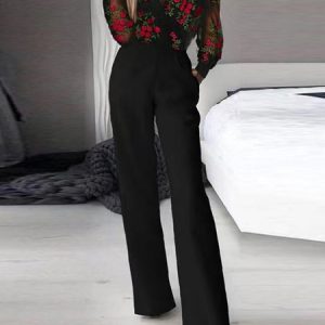 Women Long Sleeve V Neck Regular Fit Long Mesh Party Casual Floral Jumpsuits, Jumpsuits&Rompers, color:Black|size:XXL, Noracora