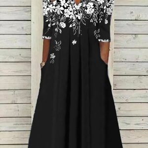 Women Midi Dress Elegant Loose Floral Print A-Line Dress, Midi, color:Black|size:XXL, catalog Noracora shop