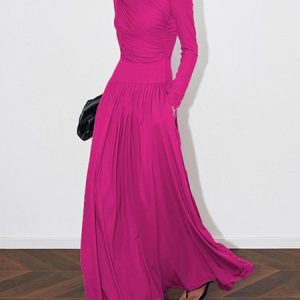 Elegant Ruched Plain Crew Neck  Pockets Dress, Maxi Dresses, color:Rose Red|size:XXL, Stylewe