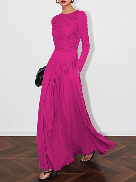 Elegant Ruched Plain Crew Neck Pockets Dress, Maxi Dresses, color:Rose Red|size:XXL, Stylewe