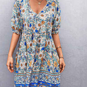 Women Disty Floral V Neck Short Sleeve Comfy Casual Midi Dress, Dresses, color:Multicolor|size:XXL, Noracora