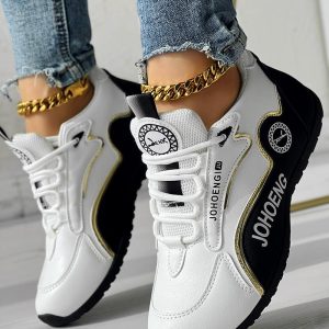 Colorblock Letter Print Lace-up Platform Casual Sneakers, Sneakers, chicme - Women's Fashion Online