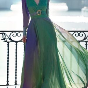 Regular Fit Ombre Vacation V Neck Maxi Dress With Belt, Maxi Dresses, color:As Picture|size:XXL, Stylewe