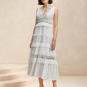 Women Plain V Neck Sleeveless Comfy Casual Maxi Dress, Dresses, color:White|size:XL, Noracora