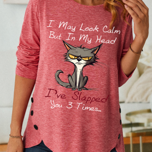 I May Look Calm I've Slapped You 3 Times Crew Neck Cat Casual Shirt, Long sleeves, Lilicloth.com
