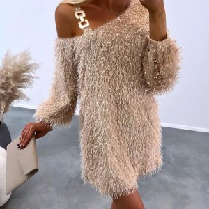 Fluffy Cold Shoulder Casual Dress, Casual Dresses, chicme - Women's Fashion Online
