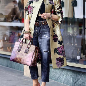 Plus Size Loose Elegant Shawl Collar Floral Trench Coat, Plus Outerwear, color:As Picture|size:4X, Stylewe