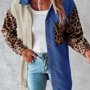 Colorblock Leopard Print Corduroy Shacket, Jackets & Coats, chicme - Women's Fashion Online