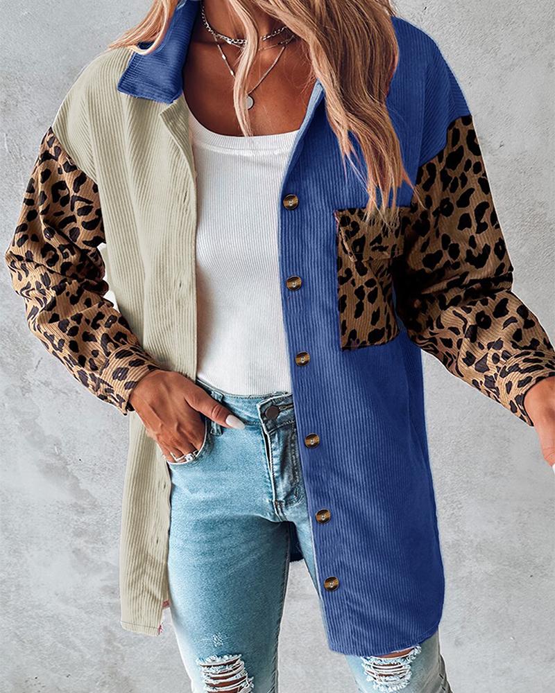 Colorblock Leopard Print Corduroy Shacket, women Jackets & Coats, ChicMe catalog