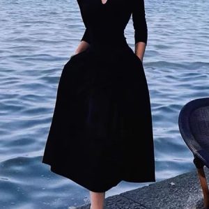 Plain Elegant Regular Fit X-Line Dress, Midi Dresses, color:Black|size:XXL, Stylewe