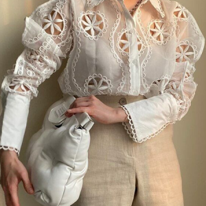 Loose Plain Shirt Collar Long Sleeve Urban Blouse, Blouses and Shirts, color:White|size:XXL, Stylewe