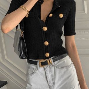 Daily Buttoned Plain Casual T-Shirt, Tees, color:Black|size:XXL, Stylewe