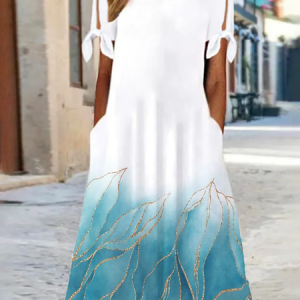 Printed Casual Short Sleeve Crew Neck Dress, Midi, color:Blue|size:XXL, catalog Noracora shop