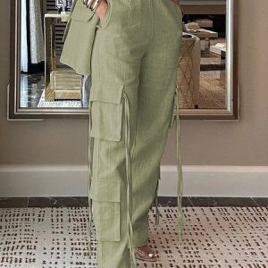 Pocket Stitching Regular Fit Plain Cargo Pants, Pants, color:Green|size:XXL, Stylewe
