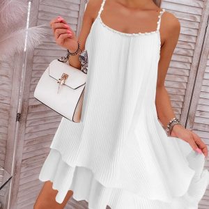 Layered Pearls Strap Pleated Casual Dress, Casual Dresses, chicme - Women's Fashion Online