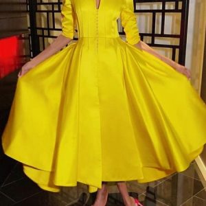 Daily Elegant Plain Satin Shirt Collar Dress, Maxi Dresses, color:Yellow|size:XXL, Stylewe