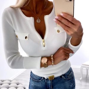 Round Neck Zipper Design Knit Sweater, Sweaters & Cardigans, chicme - Women's Fashion Online