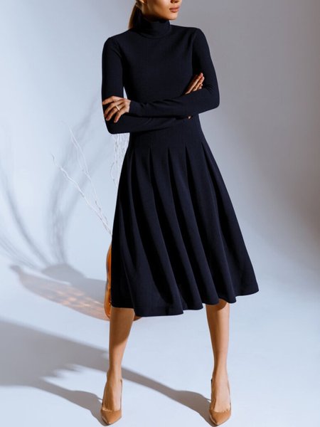 Turtleneck Elegant Plain Regular Fit Dress, Midi Dresses, color:Dark Blue|size:XXL, Stylewe