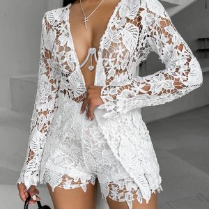 Long Sleeve Guipure Lace Top & Shorts Set, Two-piece Sets, chicme - Women's Fashion Online