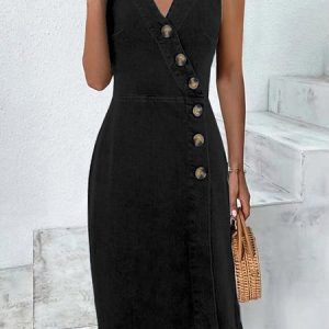 Women Plain V Neck Sleeveless Comfy Casual Buckle Midi Dress, Dresses, color:Black|size:XXL, Noracora