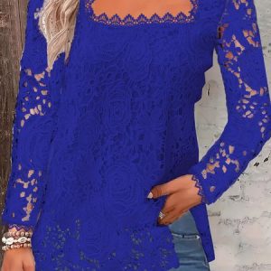 Casual Plain Square Neck Short Sleeve T-shirt, Blouses, color:Deep Blue|size:5XL, Noracora