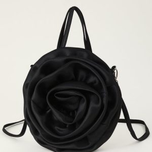 Elegant Floral Satin Handbag with Crossbody Strap, Bags, color:Black|size:One-size, Stylewe