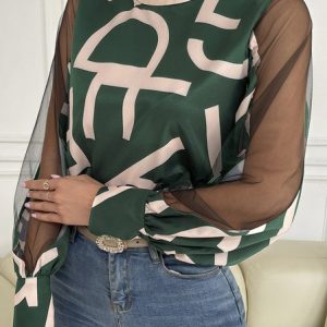 Stand Collar Long Sleeve Text Letters Mesh Regular Loose Shirt For Women, Blouses, color:Green|size:XL, Noracora