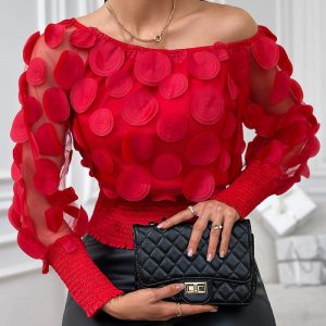 Floral Pattern Shirred Sheer Mesh Patch Top, Blouses & Shirts, chicme - Women's Fashion Online