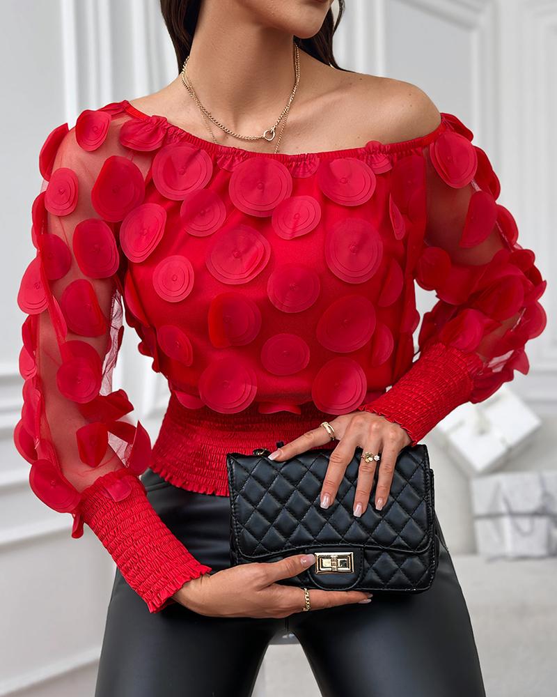 Floral Pattern Shirred Sheer Mesh Patch Top, Blouses & Shirts, chicme - Women's Fashion Online