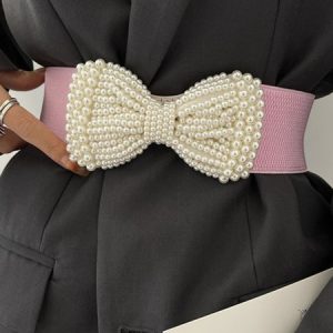Elegant Imitation Pearl Bowknot Waist Belt Dress Elastic Girdle, Belts, color:Pink|size:One-size, Stylewe