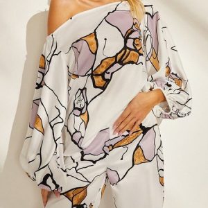 Loose Cold Shoulder Long Sleeve Floral Elegant Shirt, Blouses and Shirts, color:White|size:XXL, Stylewe