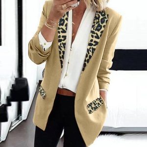 Lapel Collar Long Sleeve Leopard Regular Loose Blazer For Women, Blazers, color:Khaki|size:3XL, Noracora