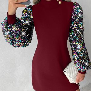 Colorblock Insert Mock Neck Lantern Sleeve Sequins Dress, Casual Dresses, chicme - Women's Fashion Online