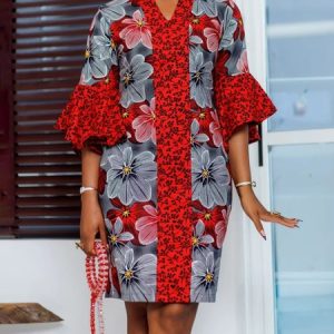 Urban Regular Fit Floral V Neck Dress, Midi Dresses, color:As Picture|size:XXL, Stylewe
