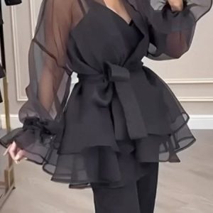 Organza Flouncing Elegant Long Sleeve Plain Kimono, Kimonos, color:Black|size:XXL, Stylewe