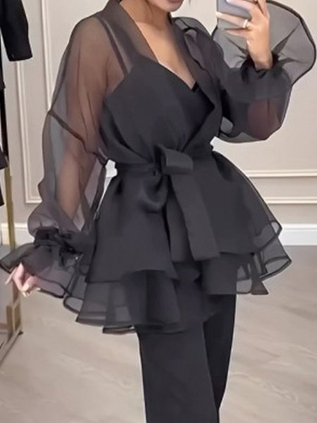 Organza Flouncing Elegant Long Sleeve Plain Kimono, Kimonos, color:Black|size:XXL, Stylewe