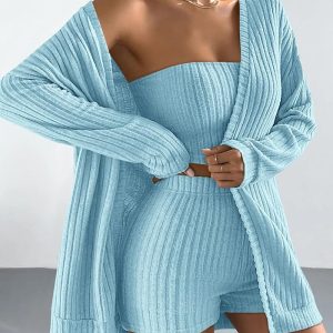 Bandeau Crop Top & Shorts Set With Cardigan, Two-piece Sets, chicme - Women's Fashion Online