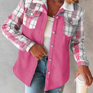 Colorblock Plaid Print Corduroy Lined Shacket, Jackets & Coats, chicme - Women's Fashion Online