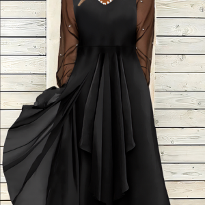 Women Plain V Neck Long Sleeve Comfy Casual Lace Maxi Dress, Dresses, color:Black|size:XXL, Noracora