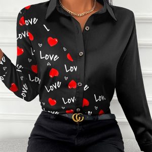 Valentine's Day Heart Letter Print Button Down Top, Blouses & Shirts, chicme - Women's Fashion Online