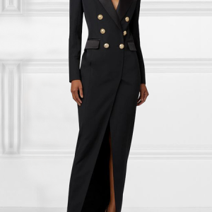 Elegant Regular Fit Lapel Collar Long Sleeve Plain Maxi Dress, Maxi Dresses, color:Black|size:XXL, Stylewe