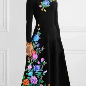 Long Sleeve Regular Fit Floral Elegant Dress, Midi Dresses, color:Black|size:XXL, Stylewe