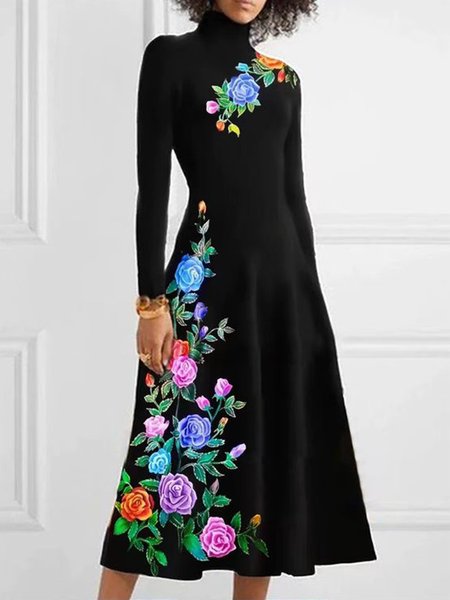 Long Sleeve Regular Fit Floral Elegant Dress, Midi Dresses, color:Black|size:XXL, Stylewe