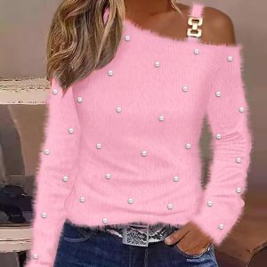 Cold Shoulder Long Sleeve Beaded Fluffy Top, T-shirt & Tees, chicme - Women's Fashion Online