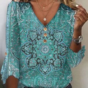 Casual Ethnic V Neck Three Quarter Sleeve T-shirt, T-shirts, color:Green|size:XXL, Noracora