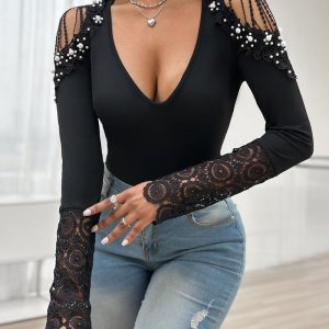 Cold Shoulder Contrast Lace Beaded Top, women T-shirt & Tees, ChicMe catalog