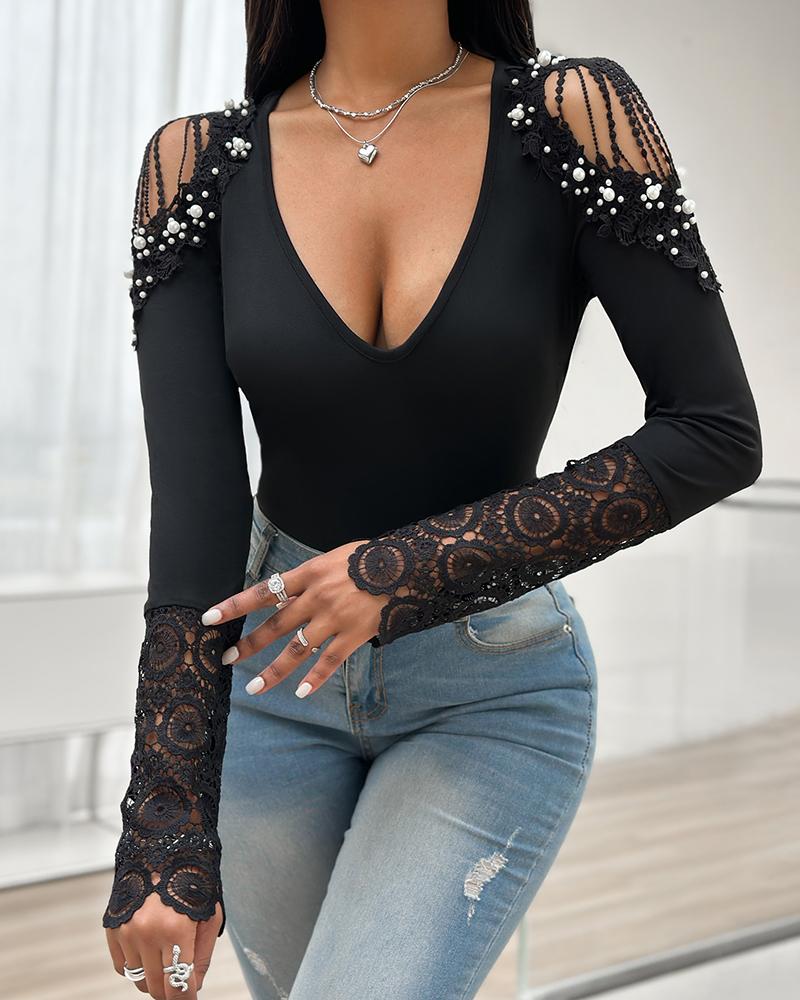 Cold Shoulder Contrast Lace Beaded Top, women T-shirt & Tees, ChicMe catalog