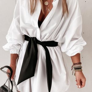 Turn-down Collar Long Sleeve Tie Waist Shirt Dress Casual Button Front Stretchy Cuffs Mini Dress with Belt, women Shirt Dresses, ChicMe catalog