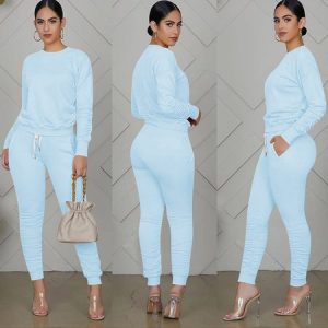 Women Plain Crew Neck Long Sleeve Comfy Casual Top With Pants Two-Piece Set, Sets, color:Aqua blue|size:XXL, Noracora