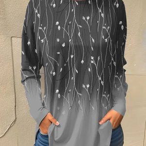 Casual Floral Crew Neck T-Shirt, Long sleeves, Lilicloth.com